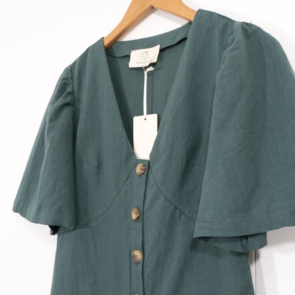 Teal Button Down Puff Sleeve Linen Dress - Picture 4 of 7